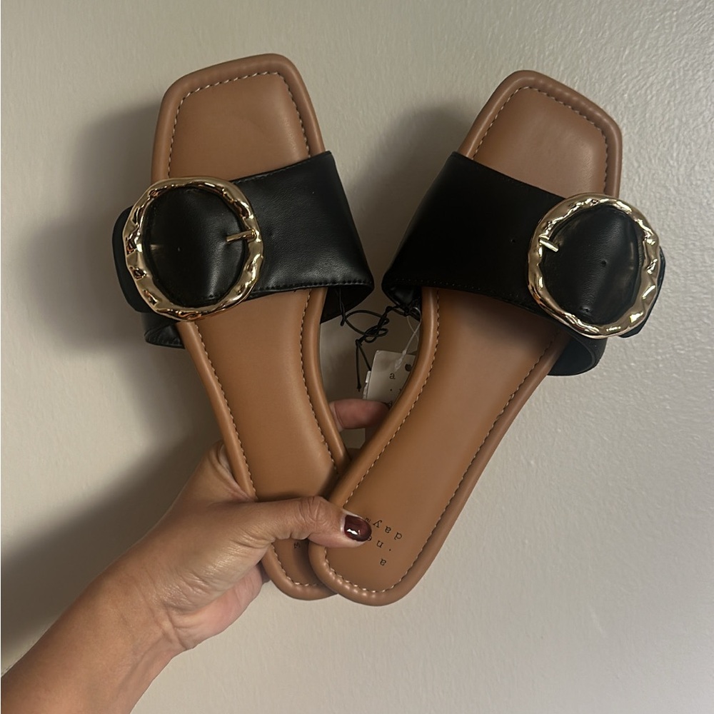 NEW Black and Tan Slide Sandals with Gold Buckle